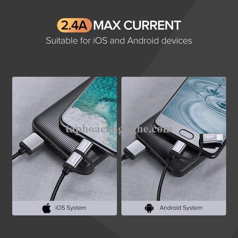 Ugreen 50204 0.5M Màu Đen Cáp sạc đa năng USB sang TypeC + Micro + Lightning có Chip MFI US186 30050204